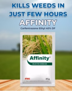Affinity herbicide pack with Carfentrazone Ethyl 40% DF formulation for broad-spectrum weed control in crops.